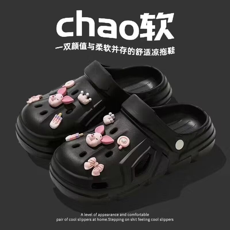 Women's clogs - summer cute cartoon outdoor fashion, new trendy anti-slip thick sole height increasing beach closed-toe half slippers