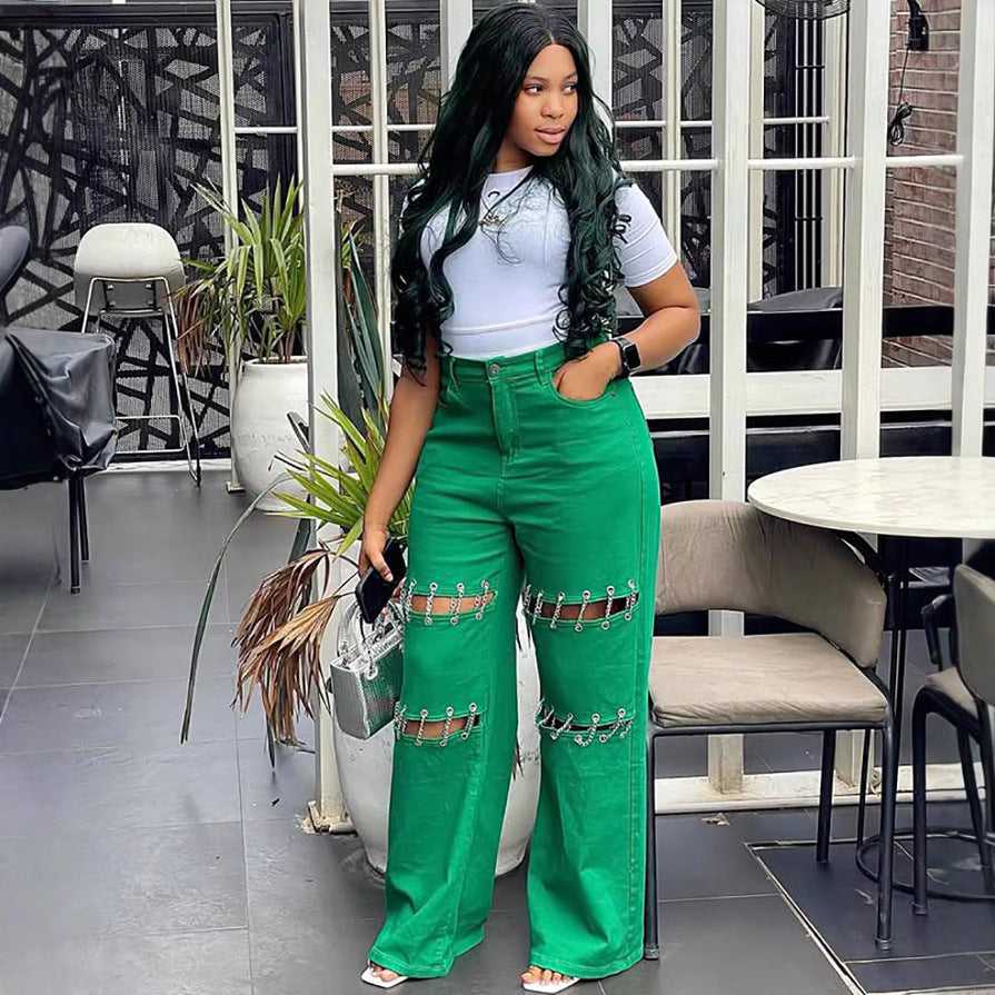 European and american style high-waisted jeans -  cross-border women's fashion  new collection - patchwork casual distressed chain detail pants