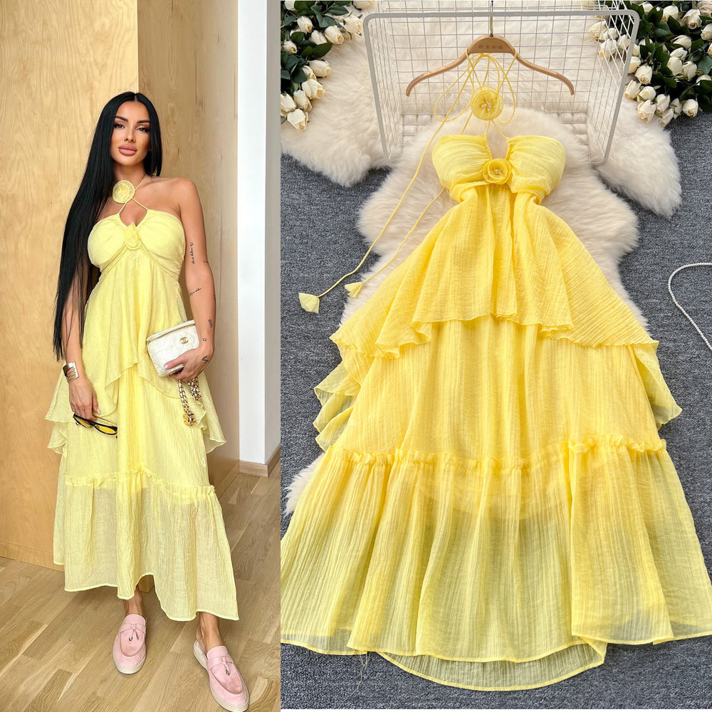 Beach vacation dress for women, atmospheric cut out, breast-revealing halter suspender, stereo flower, asymmetrical fairy long skirt