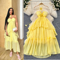 Beach vacation dress for women, atmospheric cut out, breast-revealing halter suspender, stereo flower, asymmetrical fairy long skirt