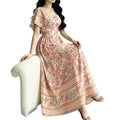 european and american new retro border floral square neck flutter sleeve maxi dress - cinched waist, flared hem, printed dress