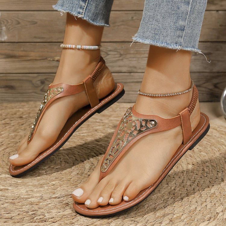 export women's flat flip-flop sandals with metal decorations - new summer casual elastic band beach sandals