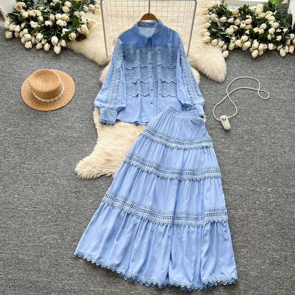 French court style hollow-out crochet mature woman's summer outfit: long-sleeved blouse & elastic waist long skirt set