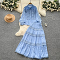 French court style hollow-out crochet mature woman's summer outfit: long-sleeved blouse & elastic waist long skirt set