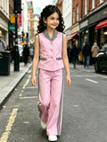 girl's suit lapel sleeveless vest side stripes wide-leg pants multi-color elegantkidstwo-piece set