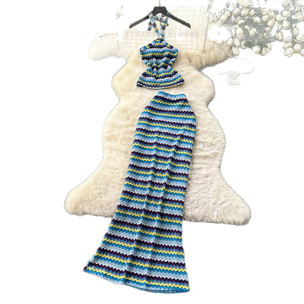 Vacation outfit: women's striped knit halter top and high-waisted bodycon midi skirt two-piece set