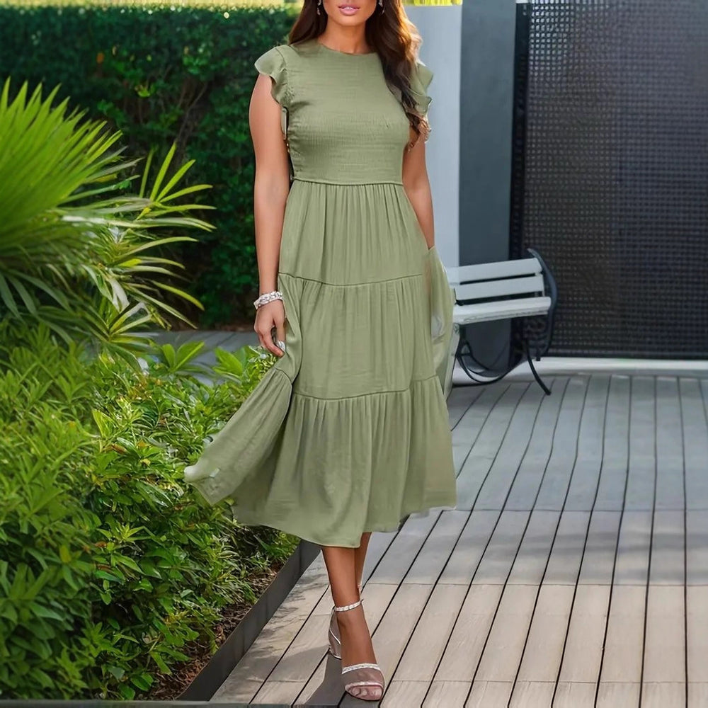 summer women's short-sleeve dress : fashionable solid color, slim-fit, figure-flattering, mid-length, versatile