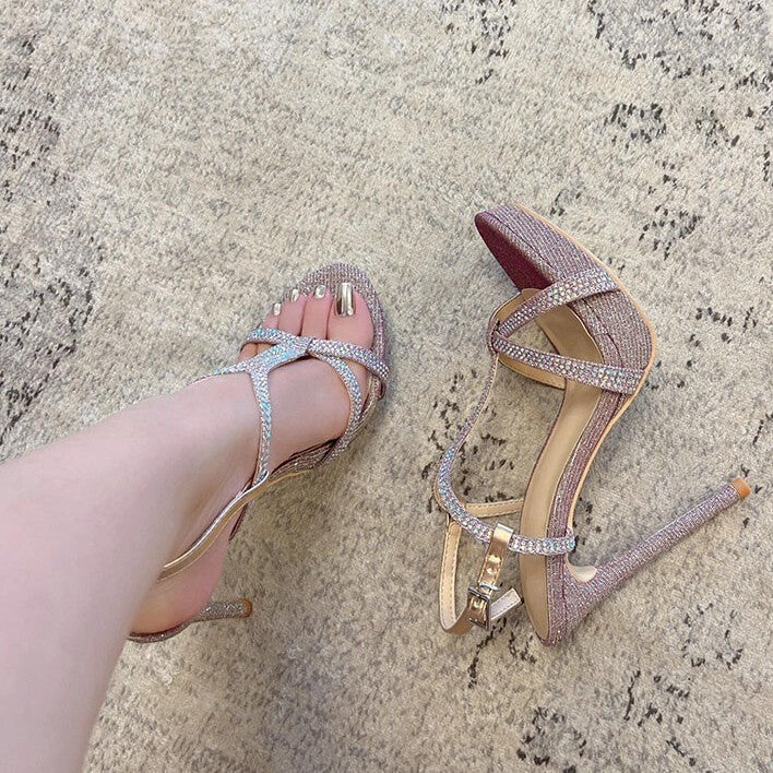 2026 summer european and american fashion glitter upper pointed toe stiletto high heel sandals women's single strap rhinestone party wedding shoes