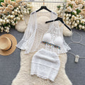 Beach outfit vacation style set for women - vintage crochet halter top + openwork cardigan + midi skirt three-piece set