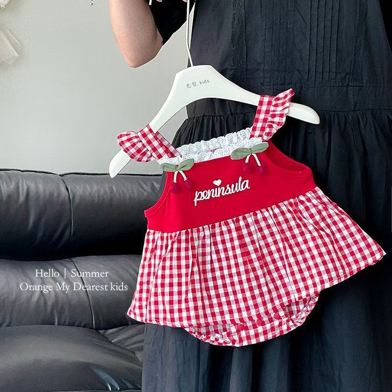 baby bodysuit summer new sweet cherry plaid romper baby girl suspender dress first birthday outfit trendy