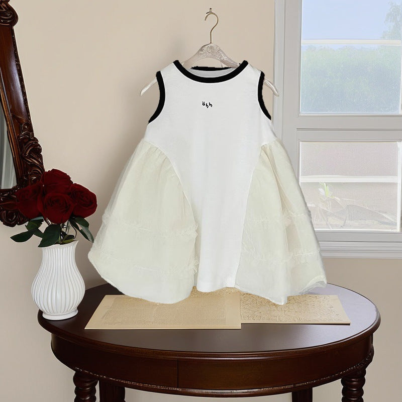 Girls' stylish sleeveless tank top princess dress -  summer new arrival - baby girl puffy patchwork mesh dress
