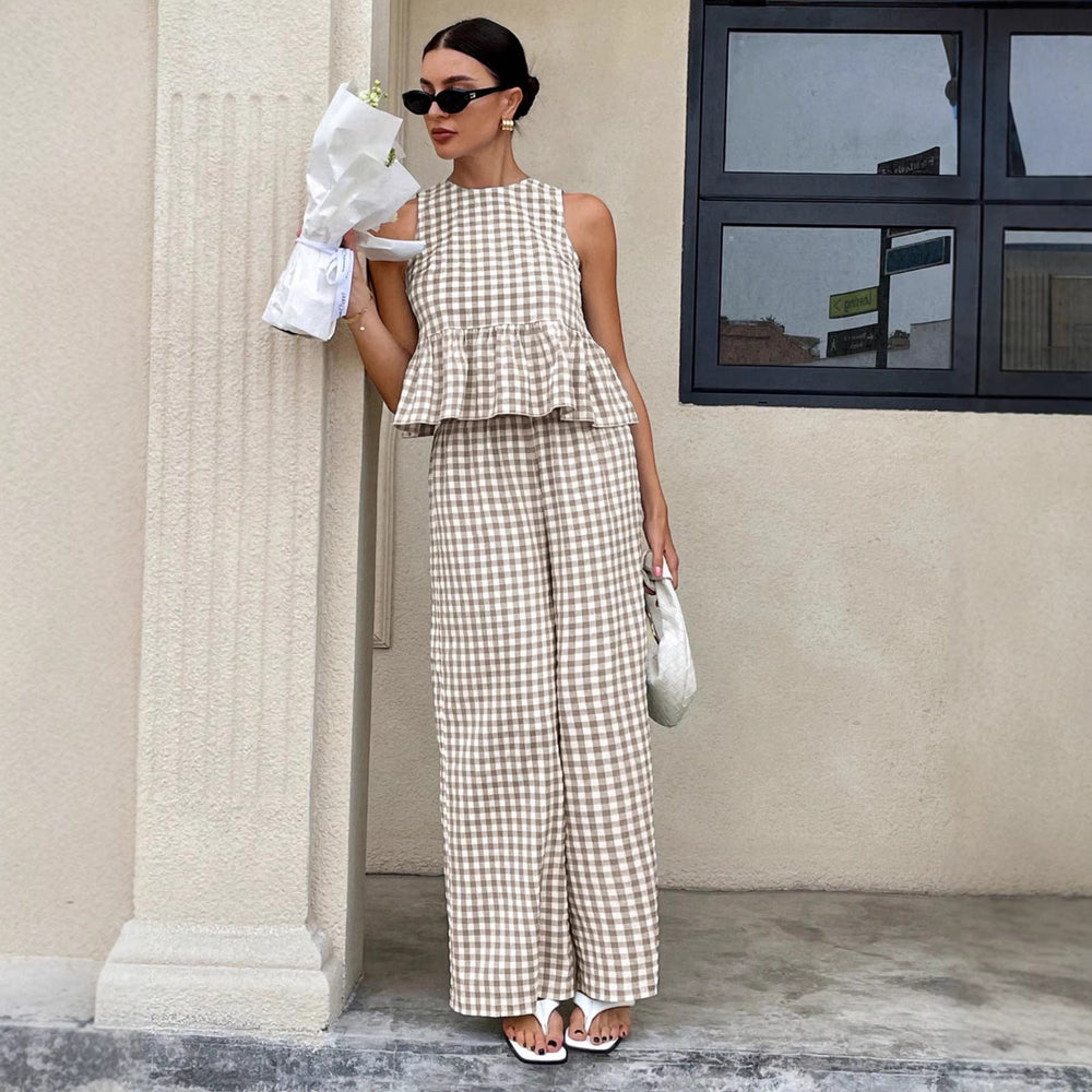 cross-border fashion: european & american  style - sleeveless round neck ruffle hem top with high-waisted straight-leg pants