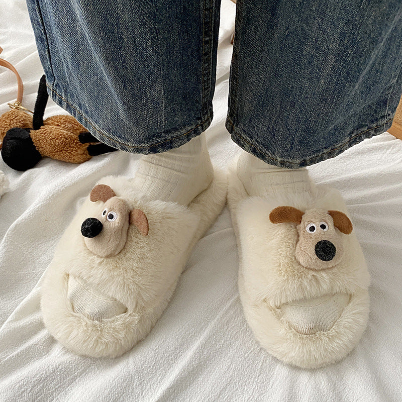 New cartoon puppy fuzzy slippers - stylish women's outdoor wear, cute home casual korean style cotton slippers, winter fuzzy shoes for going out