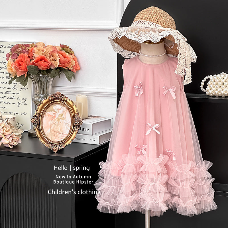 Girls' princess dress  new arrival: ethereal sleeveless summer mesh dress with bow detail