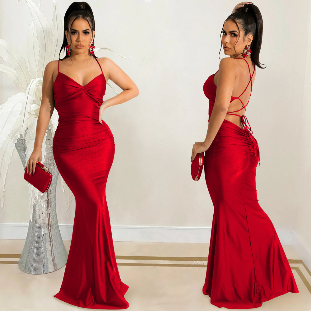 X5617 cross-border   solid color sexy camisole bandeau backless tie-up bodycon maxi dress