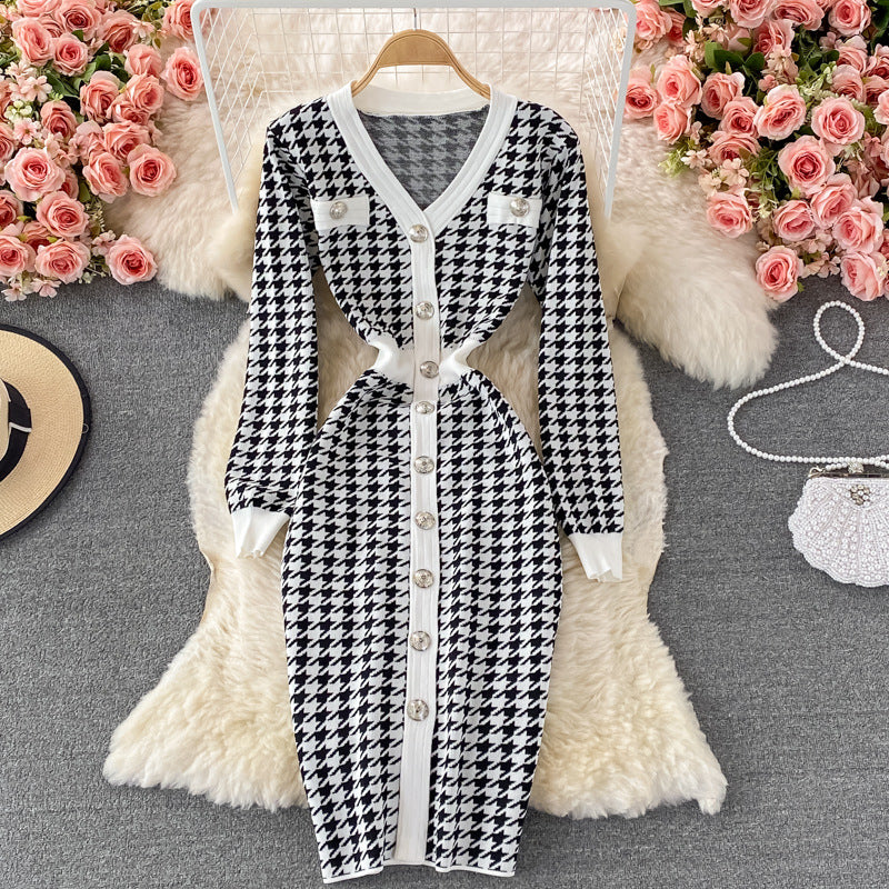 Fall and winternew arrivalelegantv neckcontrast color tweed styleilmfashion chidori grids pattern long sleevesknitting hip-hugging dress
