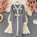 Fall and winternew arrivalelegantv neckcontrast color tweed styleilmfashion chidori grids pattern long sleevesknitting hip-hugging dress