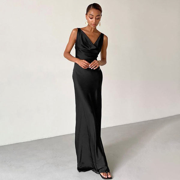 Summer black swing neck hip wrap dress dress dress long dress banquet elegant satin high waist suspender dress women's wholesale