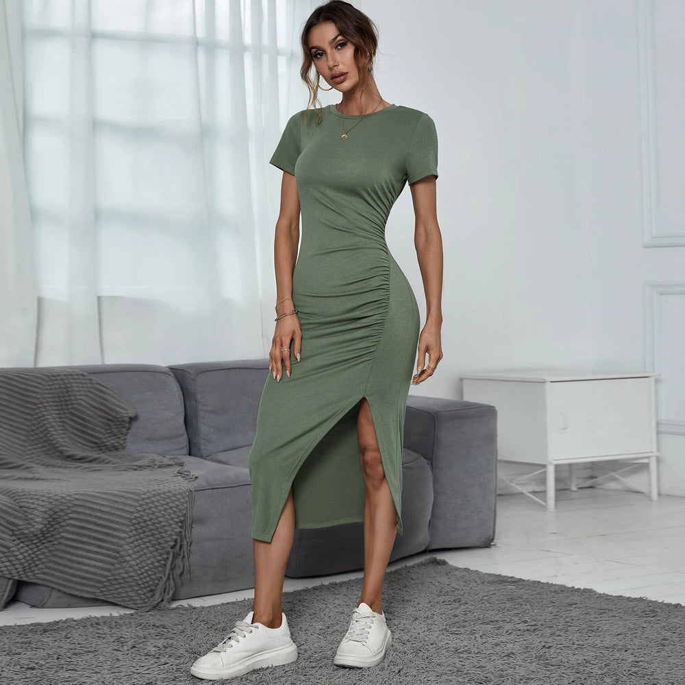 Cross-border 2024 European and American women's clothing  round neck pullover waist split short sleeve hip wrap dress medium and long dress