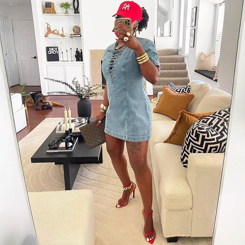 European and american style women's denim dress -  cross-border women's summer streetwear fashion tie-waist short sleeve denim skirt
