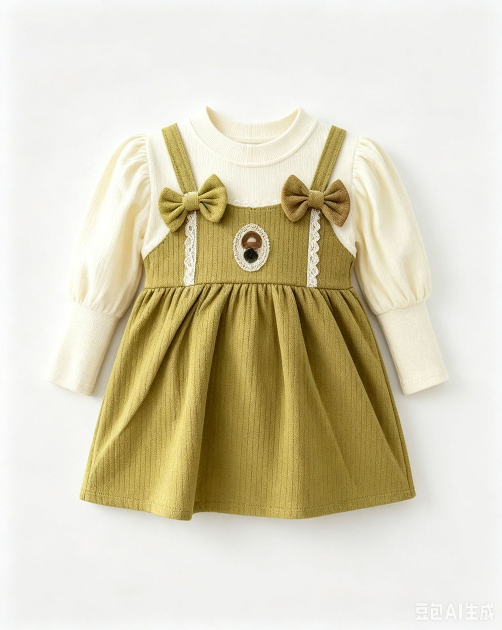 Girlbows suspender dressfake two-piecespring & fall puff sleeve bottom baby gentle bear princess dress