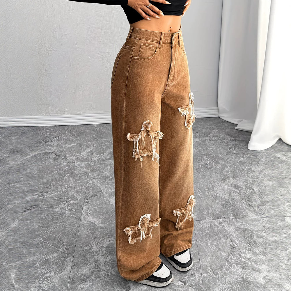 American brown star raw edge patch wide-leg jeans women's high waistloose floor-length straight-leg pants cross-border hot sale
