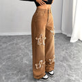 American brown star raw edge patch wide-leg jeans women's high waistloose floor-length straight-leg pants cross-border hot sale