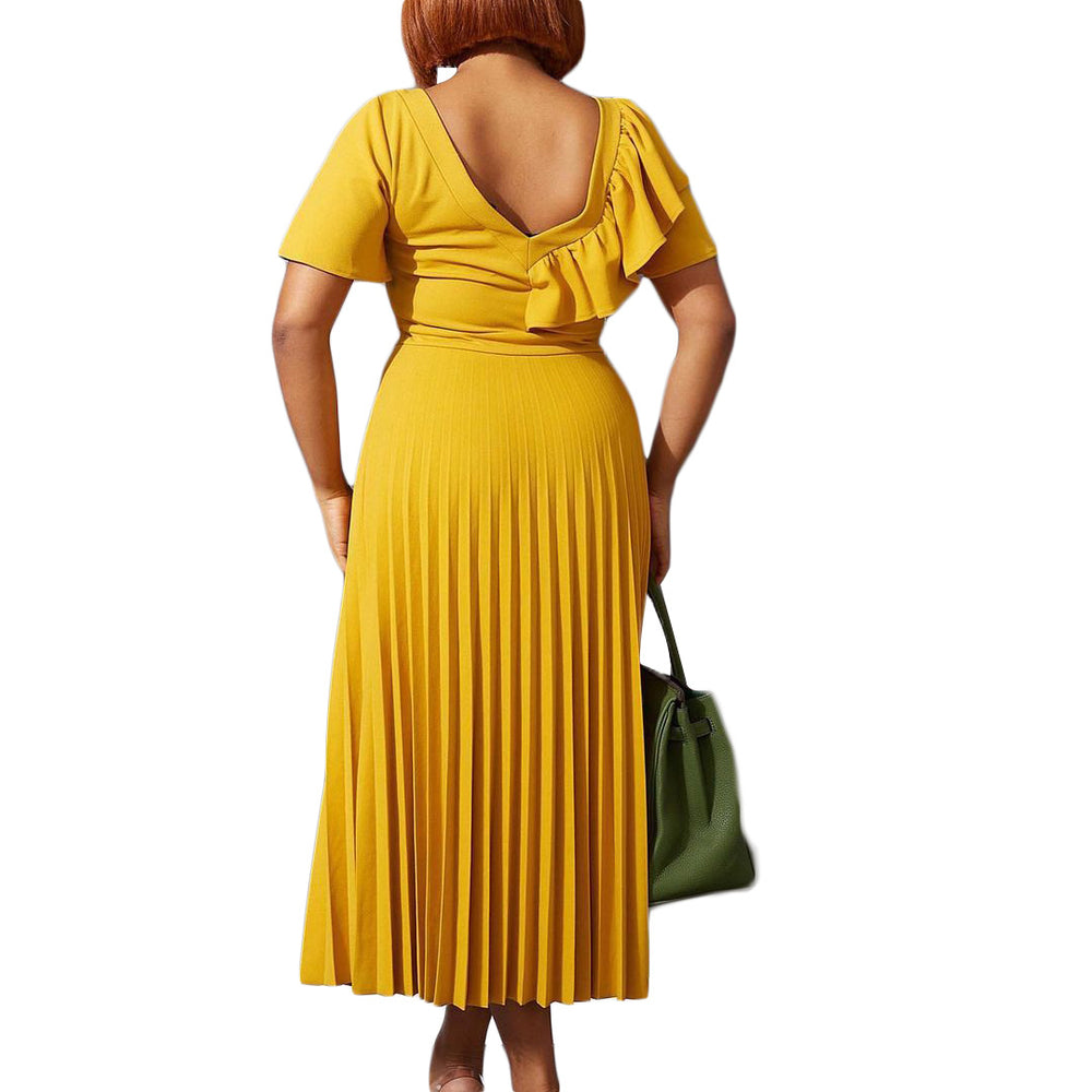 D3117  new arrivalruffles short-sleeved slanted shoulder eleganceexportplus size women's pleated fashiondress
