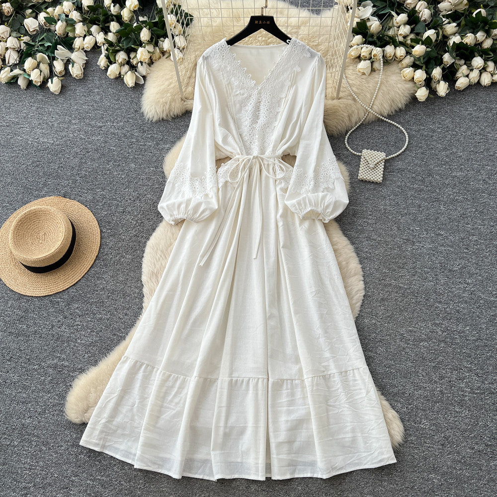 French chic lantern sleeve crochet embroidered dress - women's summer korean style tie-waist a-line maxi dress