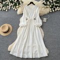 French chic lantern sleeve crochet embroidered dress - women's summer korean style tie-waist a-line maxi dress