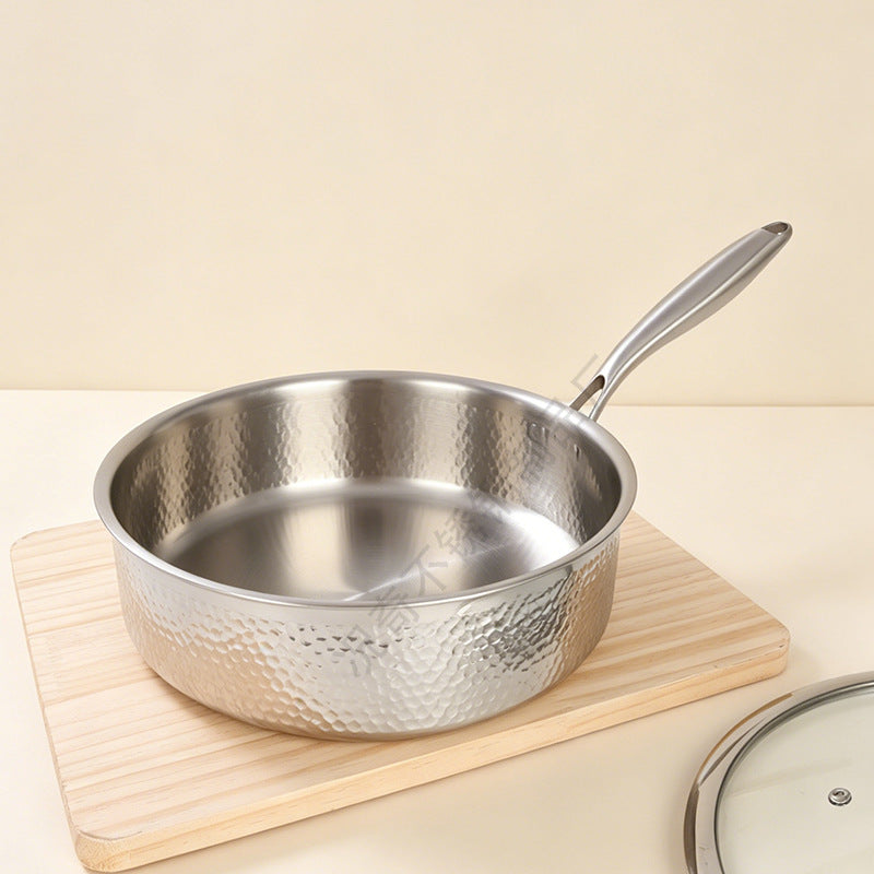 304 stainless steel frying pan, heavy-duty tri-ply hammered finish wok, suitable for home induction cookers, non-stick stir-fry pan, flat-bottom pan for commercial use