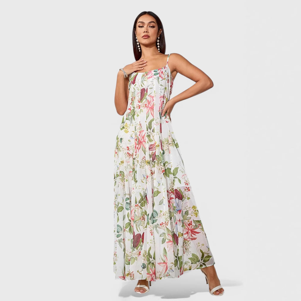 spring/summer european and american independent website  new arrival: fresh and chic printed maxi swing dress with spaghetti straps