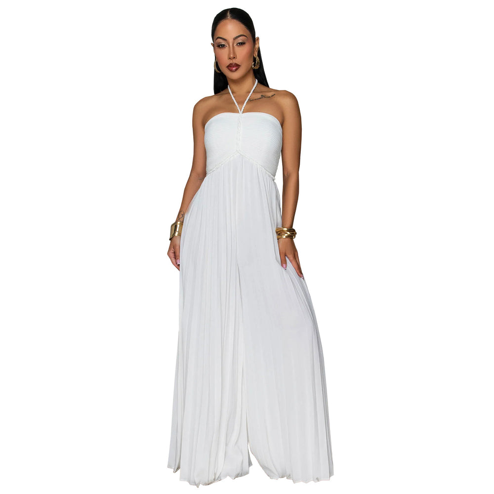 C7735 cross-border    new women's summer vacation style pleated wide-leg jumpsuit