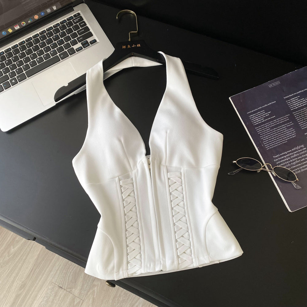 Fashion ins wear women's vest socialite niche accessible luxurysexyv neck halter strap silm backless short tops