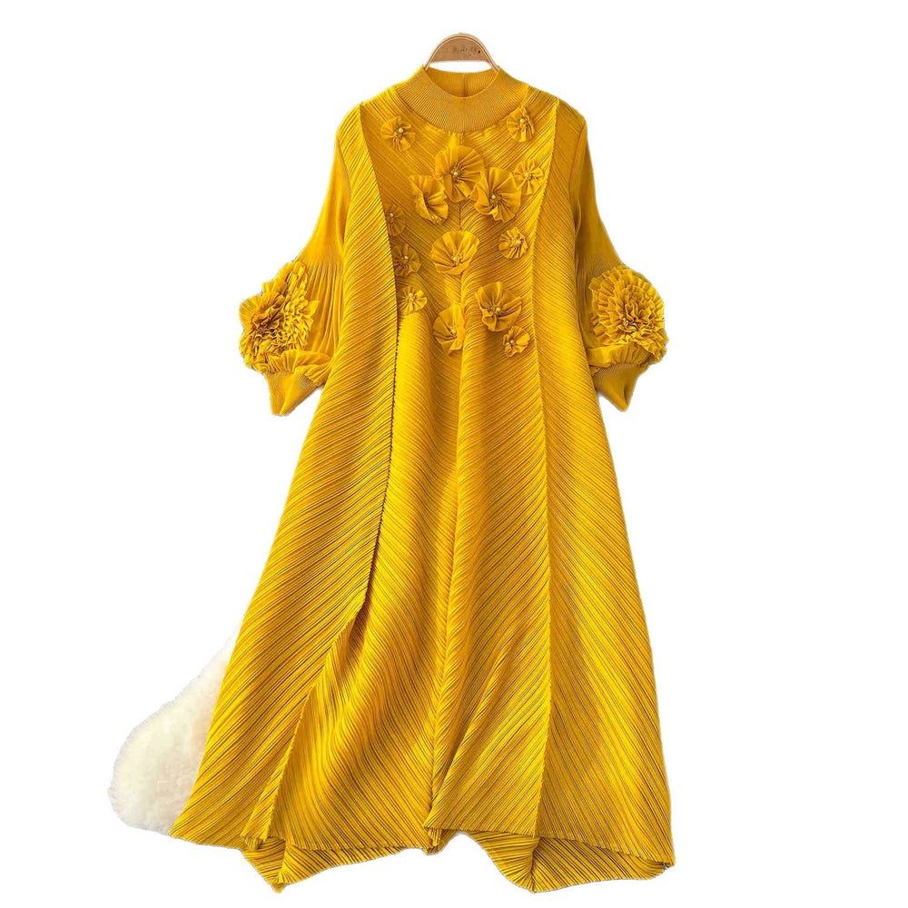 Miya pleated dress - spring  collection: high-end beaded, 3d floral, lantern sleeve, loose fit, pleated maxi dress