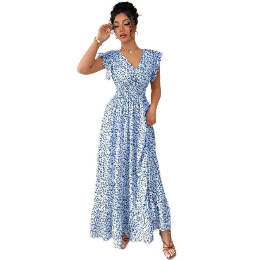 summer new arrival: blue printed fashionable women's dress for cross-border e-commerce