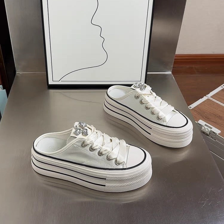 Xiaobai half slippers 2024 new summer super fire rhinestone satin surface lazy thick bottom versatile bag head slippers women