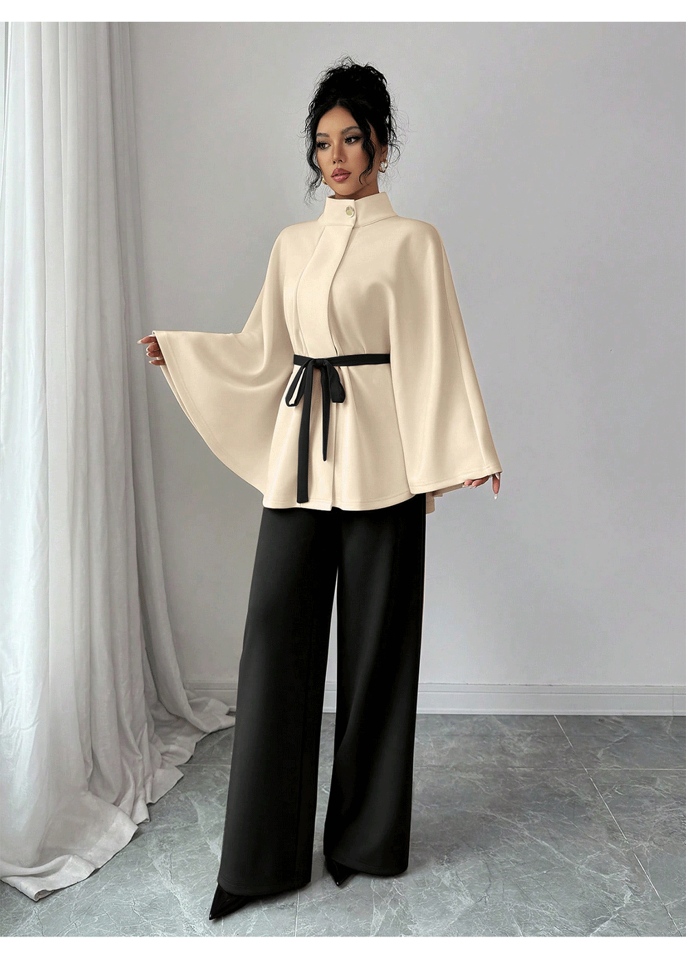 fashion:  new women's outfit - versatile stand collar, cinched waist, tie-waist cropped wool coat set