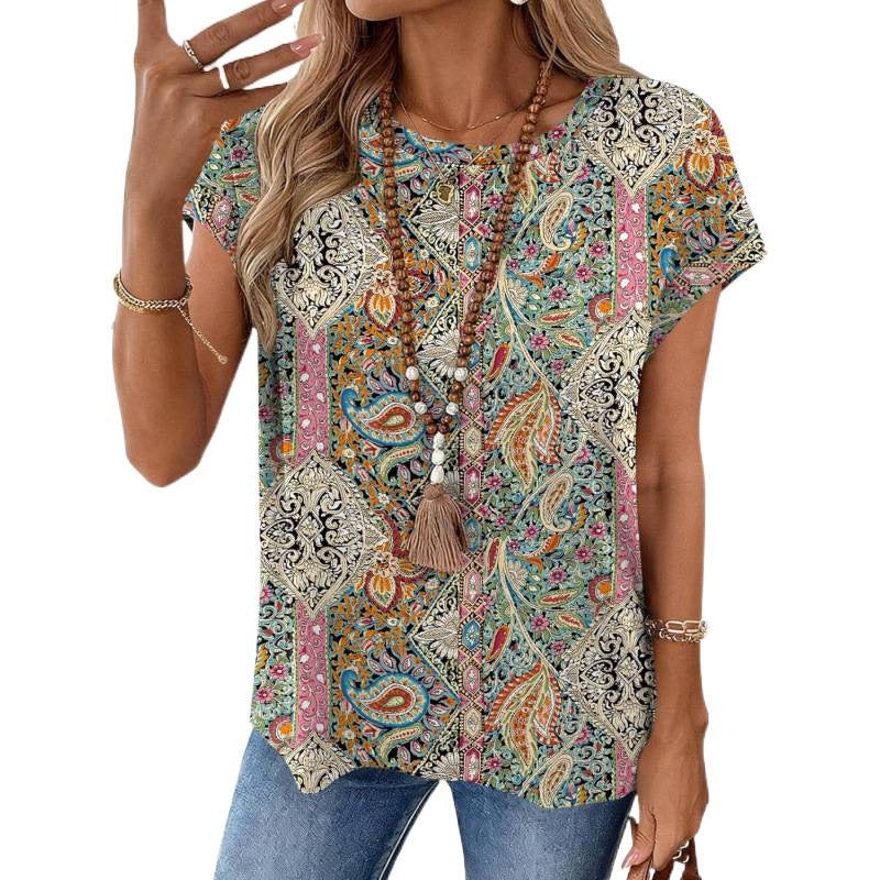 Amazon fashionelegance round neck short sleeve shirt women's  summer new casuallooseeleganttops