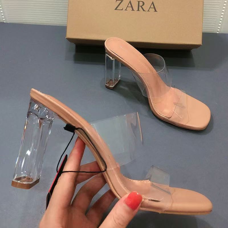 New 2024 square toe crystal heel mule sandals - stylish, versatile, single strap, transparent heel, women's outdoor wear