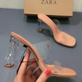 New 2024 square toe crystal heel mule sandals - stylish, versatile, single strap, transparent heel, women's outdoor wear