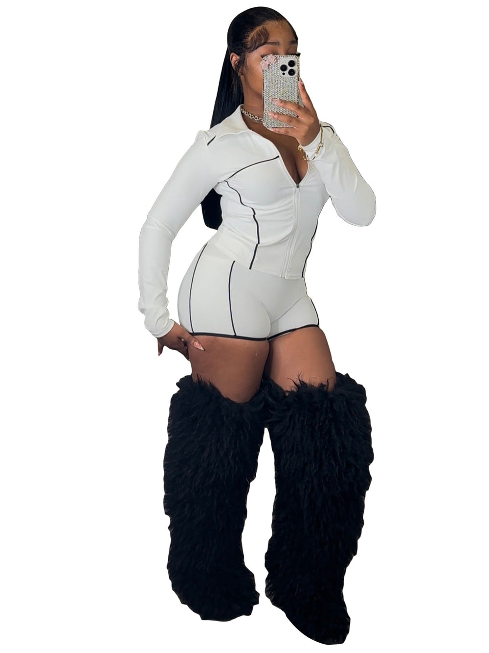 fashionfashion women's silm zipper long sleeves thumb button tops shorts two-piece set sports suit