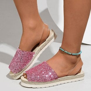 Export sequinflats fish mouth sandals women's fashionplus size shiny open toe soft bottom sandals cross-border export shoes wholesale