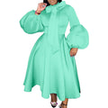 Plus size women's winter puff sleeve tie-waist bow detail maxi dress - european & american style evening gown for export independent stores