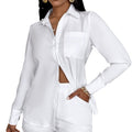 european and american style women's export fashion: elegant solid color pocket long sleeve shirt + shorts two-piece set