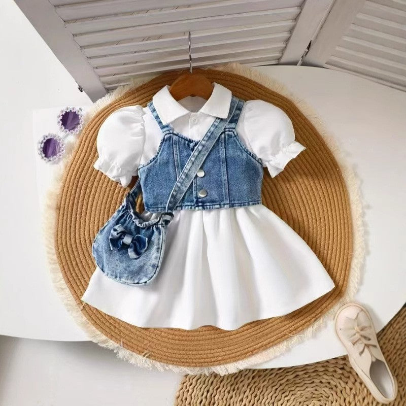 fashionexportfashionsummernew arrivalgirlsuitpure color puff sleeve dress with suspenders bag three-piece set