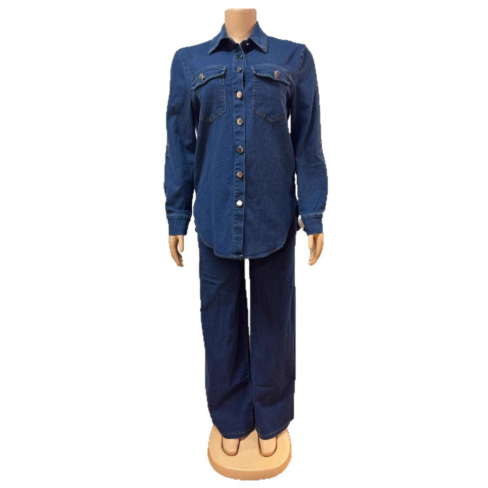 Amazon european and american clothing cross-border new arrival: fashionable retro denim cardigan long-sleeve top and straight-leg pants set