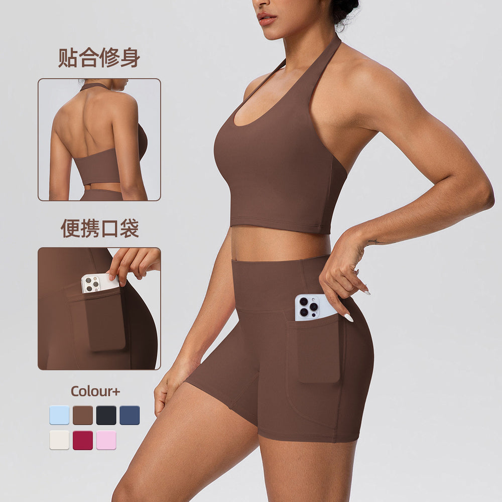 New women's solid color brushed halter tank top and pocket shorts yoga set - two-piece activewear workout outfit