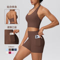 New women's solid color brushed halter tank top and pocket shorts yoga set - two-piece activewear workout outfit