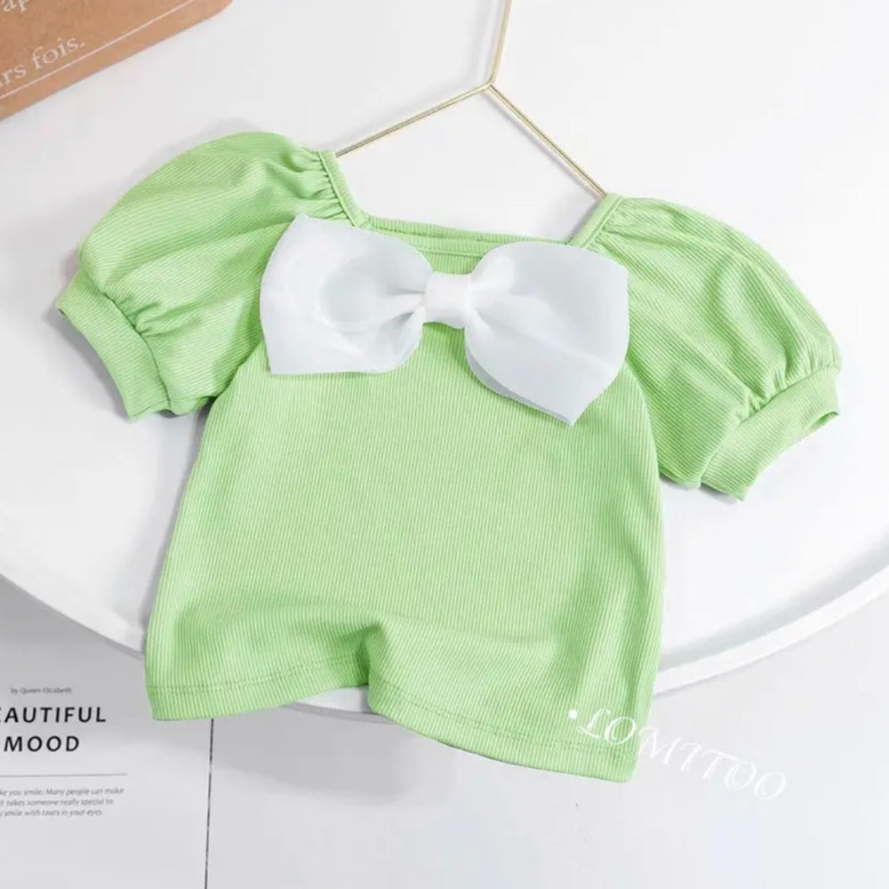 Fresh & sweet short-sleeve bow t-shirt for girls - new summer collection: baby girl's basic tee with puff sleeves